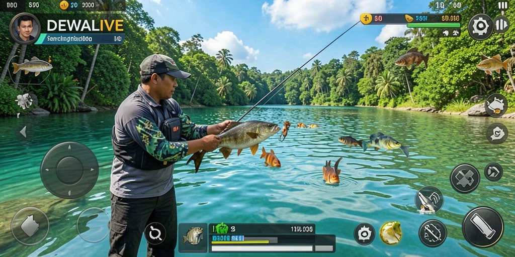 Screenshot gameplay <strong>DEWALIVE</strong> yang menunjukkan pengalaman memancing yang mendebarkan.